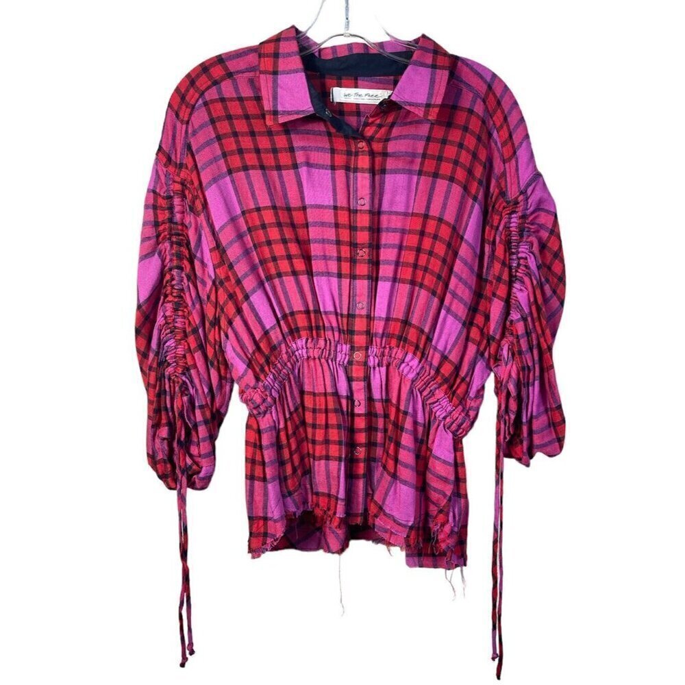 We The Free Pacific Dawn Plaid Shirt Pink Red Peplum Snap Button Sz M Wool Blend